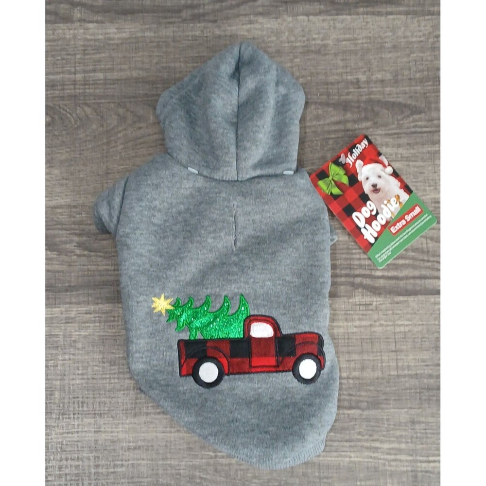 Holiday Dog Hoodie Extra Small.  Gray with Red Truck & Christmas Tree. NWT
